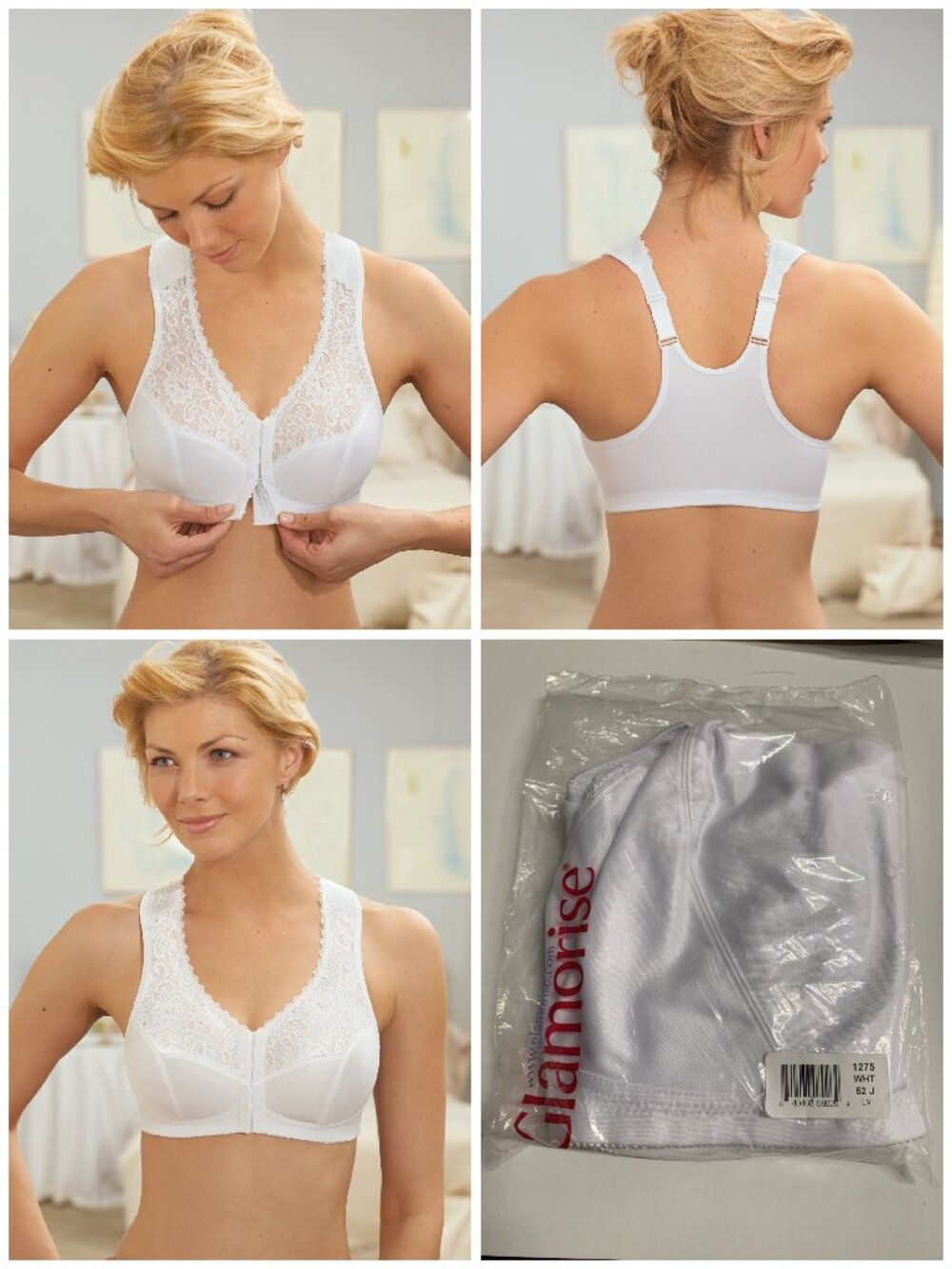 Glamorise 52J SOFT SHOULDERS Bra BACK-SUPPORT Wide-Straps FRONT-CLOSE White NEW